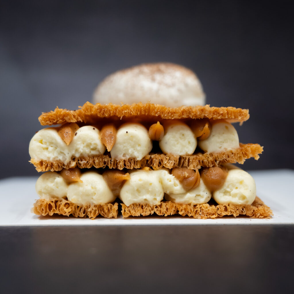 Mille-feuille with vanilla cream and caramel