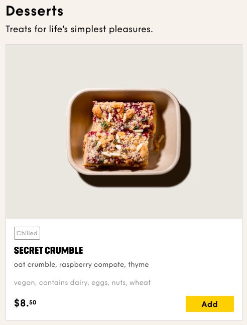 Secret Crumble dessert with raspberry compote and thyme